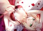  arm_up bare_arms bare_shoulders bed_sheet blonde_hair bottomless bra breasts closed_mouth collarbone commentary dutch_angle fate/extra fate_(series) fingernails front-hook_bra front-tie_bra green_eyes groin hand_up long_hair looking_at_viewer lying medium_breasts nail_polish navel nero_claudius_(fate) nero_claudius_(fate)_(all) on_back open_bra out-of-frame_censoring petals pink_nails red_bra revision rose_petals sidelocks solo underwear underwear_only untied_bra yan_(nicknikg) 