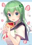  absurdres alternate_costume artist_name blue_background chocolate_syrup commentary_request contemporary crepe eyebrows_visible_through_hair fang food frog_hair_ornament fruit green_eyes green_hair hair_between_eyes hair_ornament highres holding holding_food kochiya_sanae long_hair looking_at_viewer nenobi_(nenorium) open_mouth outline red_neckwear school_uniform serafuku shirt short_sleeves solo strawberry taut_clothes taut_shirt touhou twitter_username two-tone_background upper_body white_background white_outline white_serafuku 