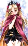  bangs black_dress blonde_hair blush cape commentary_request covering covering_crotch covering_mouth dress earrings embarrassed ereshkigal_(fate/grand_order) fate/grand_order fate_(series) hair_ribbon head_tilt infinity jewelry long_hair looking_at_viewer multicolored multicolored_cape multicolored_clothes parted_bangs red_cape red_eyes red_ribbon ribbon solo spine sumeragi_tomo tiara two_side_up yellow_cape 