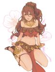  anklet armlet bracelet breasts brown_hair circlet commentary dancer flower hairband harem_outfit highres jewelry jivke long_hair looking_at_viewer midriff mole mole_under_mouth navel necklace octopath_traveler primrose_azelhart sandals sitting solo thighlet 