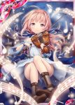  akkijin blue_dress blue_ribbon boots bow_(instrument) brown_eyes brown_hair card_(medium) dress instrument looking_at_viewer music musical_note night night_sky official_art outdoors playing_instrument ribbon shinkai_no_valkyrie sky smile solo star star_(sky) starry_sky violin 