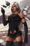  android arm_cannon artist_name bangs bastion_(overwatch) black_legwear braid breasts brown_eyes commentary dark_skin drone elbow_gloves english_commentary eye_of_horus fusion gloves hair_over_one_eye hair_tubes iury_padilha lips medium_breasts medium_hair nier_(series) nier_automata no_nipples nose overwatch pharah_(overwatch) pod_(nier_automata) robot_joints rocket_launcher short_shorts shorts side_braid silver_hair solo_focus swept_bangs thighhighs weapon yorha_type_a_no._2 