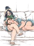  black_hair breasts brown_hair cleavage commentary couch crossed_legs eyebrows eyebrows_visible_through_hair glasses hair_bun lap_pillow lying m_k multiple_girls on_side open_mouth original raised_eyebrows reading red-framed_eyewear sandals short_hair sketch sleeping slippers smile symbol_commentary thighs tray yuri 
