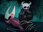  &lt;3 ambiguous_gender anger_vein black_eyes black_skin bound cloak clothing empty_eyes female female/ambiguous hollow_knight hollow_knight_(species) hornet_(hollow_knight) larger_female protagonist_(hollow_knight) pussy rosy_cheeks size_difference smaller_ambiguous yoshimister 