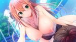  1girl amano_misaki_(koi_flag) bangs between_breasts breasts breasts_outside crossed_bangs day fisheye game_cg gotou_nao green_eyes huge_breasts kimi_to_tsunagaru_koi_flag long_hair nipples official_art outdoors red_hair solo_focus straddling water wet 