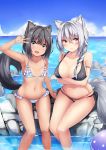  :d animal_ears arm_support arm_up bangs bare_arms bare_shoulders bikini black_bikini black_hair blue_bikini blue_sky blush braid breasts brown_eyes cleavage closed_mouth cloud collarbone commentary day eyebrows_visible_through_hair green_eyes hair_between_eyes halter_top halterneck head_tilt highres horizon irohasu large_breasts long_hair looking_at_viewer multiple_girls navel o-ring o-ring_bikini o-ring_bottom ocean open_mouth original outdoors revision side_braid silver_hair single_braid sitting sky small_breasts smile soaking_feet swimsuit tail v water wet 