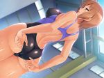  adjusting_clothes adjusting_swimsuit arms_behind_back ass breasts brown_hair competition_swimsuit covered_nipples cowboy_shot dripping dutch_angle game_cg green_eyes hormone_koijirou indoors mizuura_yukari momojiri_instructor_netori_lesson official_art one-piece_swimsuit open_mouth profile short_hair solo swimsuit trefoil wet 