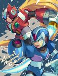  2boys android arm_cannon beam_saber closed_mouth commentary_request copyright_name energy_blade gloves green_eyes helmet holding iroyopon long_hair male_focus multiple_boys open_mouth ponytail power_armor rockman rockman_x serious teeth weapon white_gloves x_(rockman) zero_(rockman) 
