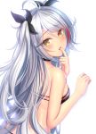  alternate_costume antenna_hair azur_lane bad_id bad_pixiv_id bangs bikini black_bikini black_ribbon blush breasts brown_eyes choker commentary_request eyebrows_visible_through_hair finger_in_mouth from_behind hair_between_eyes hair_ribbon large_breasts long_hair looking_at_viewer looking_back mole mole_on_breast multicolored_hair mutsuba_fumi prinz_eugen_(azur_lane) red_hair ribbon silver_hair simple_background skindentation solo streaked_hair swimsuit two_side_up very_long_hair white_background 