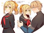  1boy 1girl :d bangs black_sailor_collar black_serafuku black_shirt black_skirt blue_eyes blush bow breasts brown_hair cleavage closed_mouth eyebrows_visible_through_hair fate/extra fate/grand_order fate_(series) fingernails gawain_(fate/extra) gawain_(fate/grand_order) genderswap genderswap_(mtf) green_eyes hair_between_eyes hair_bow karokuchitose leonard_bistario_harway light_brown_hair long_hair long_sleeves medium_breasts neckerchief nose_blush open_mouth orange_bow ponytail profile red_neckwear sailor_collar school_uniform serafuku shirt simple_background skirt smile sweat translation_request white_background 