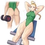  abs antenna_hair armpits arms_behind_head ass blonde_hair blue_eyes braid breasts cammy_white commentary_request covered_nipples dumbbell exercise exercise_machine forehead green_leotard highleg highleg_leotard leotard multiple_views muscle muscular_female no_hat no_headwear noppo_(tarstation) scar sit-up skin_tight small_breasts street_fighter street_fighter_v sweat thick_thighs thighs thong_leotard twin_braids 