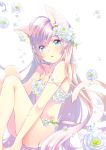  ahoge animal_ears bangs bare_legs bare_shoulders barefoot blue_eyes blurry blurry_background blush breasts brown_hair cat_ears cat_girl cat_tail collarbone commentary_request depth_of_field ech eyebrows_visible_through_hair feet_out_of_frame flower flower_clothes hair_between_eyes hair_flower hair_ornament head_tilt long_hair original parted_lips rose sitting small_breasts solo tail tail_raised very_long_hair white_background white_flower white_rose 