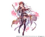  bare_shoulders belt boots copyright_name elbow_gloves full_body gloves granblue_fantasy hair_ribbon long_hair looking_at_viewer love_live! love_live!_sunshine!! official_art overskirt red_hair ribbon sakurauchi_riko simple_background skirt sleeveless solo standing sword thigh_boots thighhighs violin_bow weapon yellow_eyes zettai_ryouiki 