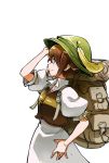 backpack bag bangs brown_hair brown_vest closed_mouth crossed_bangs dress eyebrows_visible_through_hair from_side green_hat grey_eyes hand_on_hip hat hat_feather himukai_yuusuke octopath_traveler puffy_short_sleeves puffy_sleeves short_hair short_sleeves simple_background smile solo tressa_(octopath_traveler) vest white_background white_dress 