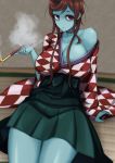  blue_skin breasts brown_hair cleavage collarbone commentary_request hair_ornament highres japanese_clothes kimono kiseru large_breasts long_hair looking_at_viewer miniskirt off_shoulder pipe pleated_skirt red_eyes shi_shi_ji sitting skirt smoking yuugiri_(zombie_land_saga) zombie zombie_land_saga 