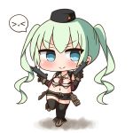  &gt;_&lt; bangs black_hat black_legwear black_shorts black_vest blue_eyes blush boots breasts brown_footwear brown_gloves brown_neckwear chibi closed_mouth commentary_request detached_sleeves dual_wielding eyebrows_visible_through_hair girls_frontline gloves green_hair gun hair_between_eyes hana_kazari hat holding holding_gun holding_weapon imi_uzi long_hair long_sleeves looking_at_viewer medium_breasts micro_uzi_(girls_frontline) midriff mini_hat navel necktie short_necktie short_shorts shorts smile solo spoken_expression standing standing_on_one_leg star submachine_gun thighhighs twintails v-shaped_eyebrows very_long_hair vest weapon white_background 