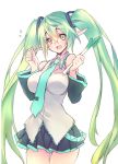  breasts cosplay detached_sleeves elf elsword eyebrows_visible_through_hair green_eyes green_hair hatsune_miku hatsune_miku_(cosplay) large_breasts long_hair necktie pointy_ears rena_(elsword) smile solo spring_onion twintails very_long_hair vocaloid wanko_(takohati8) 