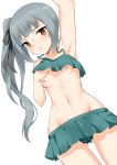  armpits bare_arms bare_shoulders black_panties black_skirt blush breasts brown_eyes closed_mouth collarbone cowboy_shot dutch_angle grey_hair hair_ribbon kantai_collection kasumi_(kantai_collection) long_hair lowleg lowleg_skirt nipples panties pantyshot pleated_skirt ribbon side_ponytail simple_background skirt small_breasts stomach suggestive_fluid toshishikisai underwear white_background 