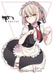  absurdres apron artist_name character_name commentary cosplay g36_(girls_frontline) g36_(girls_frontline)_(cosplay) girls_frontline gun highres looking_at_viewer maid maid_apron maid_headdress necktie paw_pose short_hair silver_hair simple_background vector_(girls_frontline) weapon yellow_eyes youngwon 