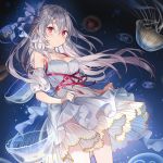 bare_shoulders blush breasts collarbone commentary_request dress hair_between_eyes hair_ribbon jellyfish long_hair looking_at_viewer medium_breasts original red_eyes ribbon rie_(reverie) silver_hair solo strapless strapless_dress underwater white_dress 