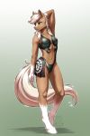  2018 absurd_res anthro bikini clothing digital_media_(artwork) epona_(tloz) equine female gloves_(marking) gradient_background hair hand_behind_head hi_res horse mammal markings my_little_pony mykegreywolf navel nintendo ponification simple_background socks_(marking) solo swimsuit the_legend_of_zelda url video_games white_hair yellow_eyes 