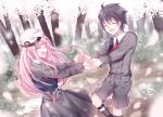  1boy 1girl bangs black_hair blush cherry_blossoms commentary_request couple dancing darling_in_the_franxx eyebrows_visible_through_hair eyes_closed flower glasses hand_holding hat hetero highres hiro_(darling_in_the_franxx) horn interlocked_fingers koynoppanuch long_hair long_sleeves military military_uniform necktie oni_horns peaked_cap petals pink_hair red_horns red_neckwear short_hair socks tree uniform white_hat zero_two_(darling_in_the_franxx) 