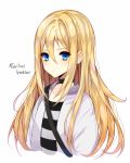  blonde_hair blue_eyes character_name choker collarbone cropped_torso floating_hair hair_between_eyes long_hair magonuri rachel_gardner satsuriku_no_tenshi shirt simple_background solo striped striped_shirt upper_body very_long_hair white_background 