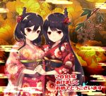  2girls alternate_costume black_hair blush branch breast_press commentary_request floral_print flower fusou_(kantai_collection) hair_flower hair_ornament highres holding_hands japanese_clothes kantai_collection kimono light_smile long_hair momiji_(103) multiple_girls red_eyes signature symmetrical_docking translation_request yamashiro_(kantai_collection) 