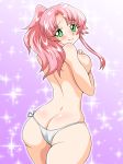  1girl ass back backboob bare_arms bare_back bare_shoulders blush breasts butt_crack covering covering_breasts curvy embarrassed gradient gradient_background green_eyes hips huge_ass inabakun00 large_breasts long_hair looking_at_viewer looking_back original pink_hair ponytail purple_background rio_(inaba) smile solo sparkle standing thick_thighs thighs topless wide_hips 