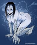  1girl black_eyes black_hair breasts crawling creepypasta looking_at_viewer medium_breasts momo monster monster_girl nipples nude open_mouth short_hair smile 