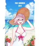 2017 adjusting_clothes adjusting_hat bare_shoulders blue_bow blush bow breasts cleavage cloud cloudy_sky collarbone commentary_request day dress dress_swimsuit fate/grand_order fate_(series) flower hat hat_bow hibiscus horizon lavender_eyes lavender_hair looking_at_viewer mash_kyrielight medium_breasts ocean open_mouth outdoors pink_bow purple_eyes sara_(kurome1127) short_hair sky smile sun_hat swimsuit swimsuit_of_perpetual_summer upper_body white_dress white_swimsuit 
