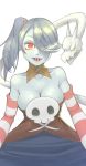  1girl blue_skin breasts cleavage detached_collar detached_sleeves dress skull skullgirls solo squigly_(skullgirls) stitched_mouth stitches striped striped_legwear striped_sleeves zombie 