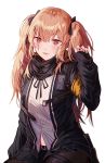  :3 :p armband bangs black_gloves black_ribbon black_skirt blush breasts brown_eyes brown_hair commentary eyebrows_visible_through_hair fingerless_gloves girls_frontline gloves hair_between_eyes hair_ornament hairclip hand_up hood hood_down hooded_jacket jacket long_hair looking_at_viewer midriff_peek neck_ribbon open_clothes open_jacket pantyhose pleated_skirt ribbon scar scar_across_eye scarf shirt sidelocks silence_girl simple_background sitting skirt smile tongue tongue_out twintails ump9_(girls_frontline) untucked_shirt white_background 