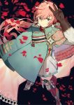  ahoge boots cape commentary_request girls_frontline gloves green_eyes long_hair looking_at_viewer m1891_(girls_frontline) military military_uniform misoni_comi petals pink_hair pleated_skirt skirt smile solo thigh_boots thighhighs uniform v 