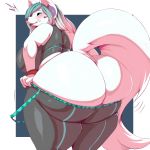  absurd_res anthro big_breasts big_butt big_tail breasts butt canine clothed clothing cosplay costume dog dressing female hair hatsune_miku hi_res huge_butt hyper hyper_butt inner_ear_fluff mammal pants simple_background slightly_chubby tight_clothing trinity-fate62 vocaloid 