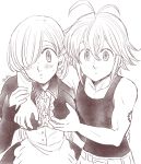  1girl artist_name bangs bare_shoulders belt blush breasts collarbone dragon_tattoo earrings elizabeth_liones greyscale hair_between_eyes hair_over_one_eye hands_on_another's_chest harumiya jewelry long_hair long_sleeves looking_at_viewer maid medium_breasts meliodas monochrome nanatsu_no_taizai parted_lips shoulder_tattoo tattoo upper_body 