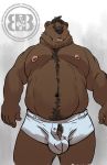 2018 5_fingers anthro barely_visible_genitalia bear black_hair body_hair bruteandbrawn chest_hair clothed clothing hair male mammal musclegut muscular muscular_male navel nipples open_underwear overweight overweight_male pecs solo standing stomach_hair topless underwear 
