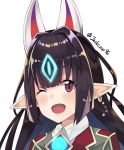  animal_ears black_hair blush fox_mask j@ck kasane_(xenoblade) long_hair looking_at_viewer mask one_eye_closed open_mouth pointy_ears red_eyes school_uniform simple_background smile solo white_background xenoblade_(series) xenoblade_2 