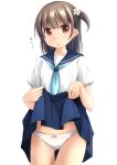  :o ass_visible_through_thighs bangs blue_neckwear blue_sailor_collar blue_skirt blush bow bow_panties brown_hair collarbone commentary_request eyebrows_visible_through_hair flower hair_between_eyes hair_flower hair_ornament head_tilt highres lifted_by_self looking_at_viewer neckerchief nose_blush one_side_up original panties parted_lips pleated_skirt red_eyes sailor_collar school_uniform serafuku shibacha shirt short_sleeves simple_background skirt skirt_lift solo stomach translated underwear white_background white_flower white_panties white_shirt 