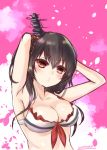  :&lt; arms_behind_head bare_shoulders bikini black_hair blush breasts cleavage commentary_request hair_ornament head_tilt highres kantai_collection looking_at_viewer medium_breasts momiji_(103) red_eyes short_hair signature solo swimsuit upper_body yamashiro_(kantai_collection) 