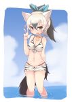  :d aardwolf_(kemono_friends) aardwolf_ears aardwolf_tail absurdres animal_ears bare_shoulders bikini black_eyes black_hair blue_sky breasts cloud day extra_ears fang groin hair_between_eyes hair_ribbon hand_up heart heart-shaped_pupils highres kemono_friends kemono_friends_festival looking_at_viewer medium_breasts multicolored_hair navel open_mouth outdoors ponytail ribbon seashell_necklace short_hair short_shorts shorts sky smile solo stomach swimsuit symbol-shaped_pupils tail teranekosu two-tone_hair w wading water white_hair 