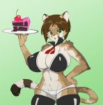 2018 anthro big_breasts big_butt breasts butt cake cat clothed clothing digital_drawing_(artwork) digital_media_(artwork) feline female food fur hair helia_peppercats_(wrinklynewt) huge_butt looking_at_viewer maid_uniform mammal open_mouth ramudey rubber simple_background solo thick_thighs uniform wide_hips 