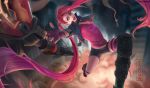 1girl alternate_costume alternate_hair_color alternate_hairstyle boots breasts choker cleavage cropped_jacket fingerless_gloves gloves green_eyes hair_ornament jinx_(league_of_legends) league_of_legends lipstick makeup pink_hair scissors short_shorts shorts slayer_jinx sleeves_rolled_up thighhighs x_hair_ornament 