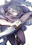  bandages cloak fringe_trim gloves green_eyes hair_over_one_eye knife looking_at_viewer male_focus oboro_keisuke octopath_traveler scarf short_hair simple_background solo therion_(octopath_traveler) weapon white_background 