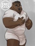  2018 5_fingers anthro bear black_hair black_nose body_hair bruteandbrawn bulge chest_hair clothed clothing eyewear glasses grey_background hair male mammal muscular muscular_male pecs shirt simple_background solo standing t-shirt underwear v-neck 