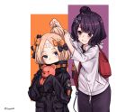  abigail_williams_(fate/grand_order) bag bangs black_bow black_jacket black_pants blue_eyes blush bow closed_mouth commentary_request fate/grand_order fate_(series) grey_hoodie grin hair_bow hair_bun hair_ornament hairdressing heroic_spirit_traveling_outfit highres holding holding_stuffed_animal hood hood_down hoodie ivan_wang jacket katsushika_hokusai_(fate/grand_order) light_brown_hair long_hair multiple_girls orange_bow pants parted_bangs purple_eyes purple_hair shoulder_bag smile stuffed_animal stuffed_toy teddy_bear twitter_username 