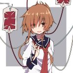  absurdres blood blood_bag breasts brown_eyes brown_hair commentary folded_ponytail hair_over_one_eye highres inazuma_(kantai_collection) intravenous_drip kantai_collection long_sleeves looking_at_viewer medium_breasts neckerchief older sakakiba_misogi school_uniform serafuku solo 