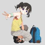  backpack backpack_removed bag bangs between_legs black_footwear black_hair blue_backpack capri_pants commentary_request grey_background grey_pants grin hand_between_legs highres kuraue_hinata looking_at_viewer machi_(wm) outstretched_arm pants pocket purple_eyes sandals simple_background smile solo squatting sweatband tank_top twintails v v-shaped_eyebrows wristband yama_no_susume yellow_tank_top 