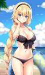  bangs bare_arms bare_shoulders beach bikini black_bikini black_hairband blonde_hair blue_eyes blue_innertube blue_sky blush braid breasts cleavage cloud collarbone commentary_request cowboy_shot day eyebrows_visible_through_hair fate/grand_order fate_(series) front-tie_bikini front-tie_top hair_between_eyes hair_tucking hairband hand_up head_tilt highres horizon innertube jeanne_d'arc_(fate)_(all) jeanne_d'arc_(swimsuit_archer) kaetzchen large_breasts long_hair looking_at_viewer medium_breasts navel ocean outdoors sand signature single_braid sky smile solo swimsuit thigh_gap transparent very_long_hair water 