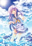  :d blue_sky blush choker cloud cloudy_sky cowboy_shot d-pad d-pad_hair_ornament day dress hair_between_eyes hair_ornament highres holster long_hair looking_at_viewer narinn neckerchief nepgear neptune_(series) open_mouth outstretched_hand purple_eyes purple_hair reaching_out sailor_dress skirt_hold sky smile solo splashing sun wading water white_choker yellow_neckwear 